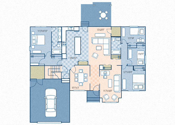 Floor plan for 4 beds, 2 baths, 1837 sqft